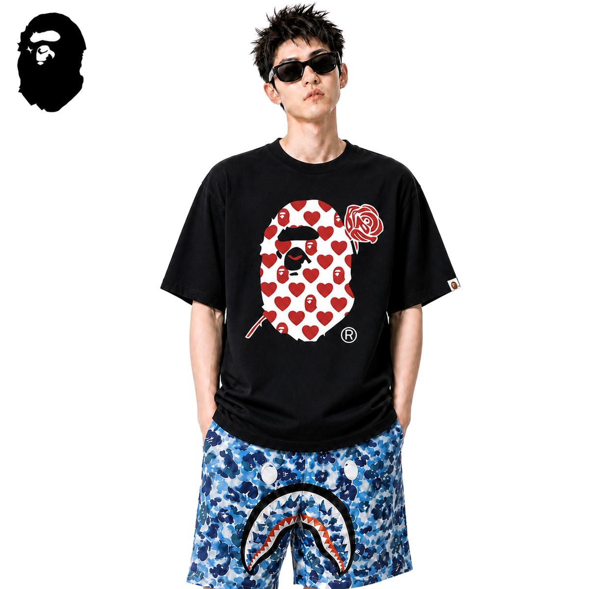 BAPE Valentine Heart Ape Head Men's T-Shirt - Black