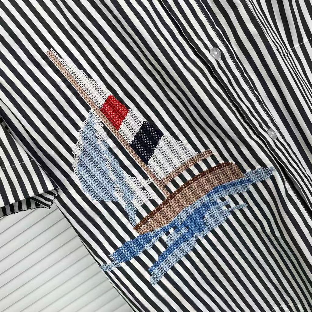 Striped Sailboat Embroidered Shirt — Unisex Short-Sleeve | Thom Browne