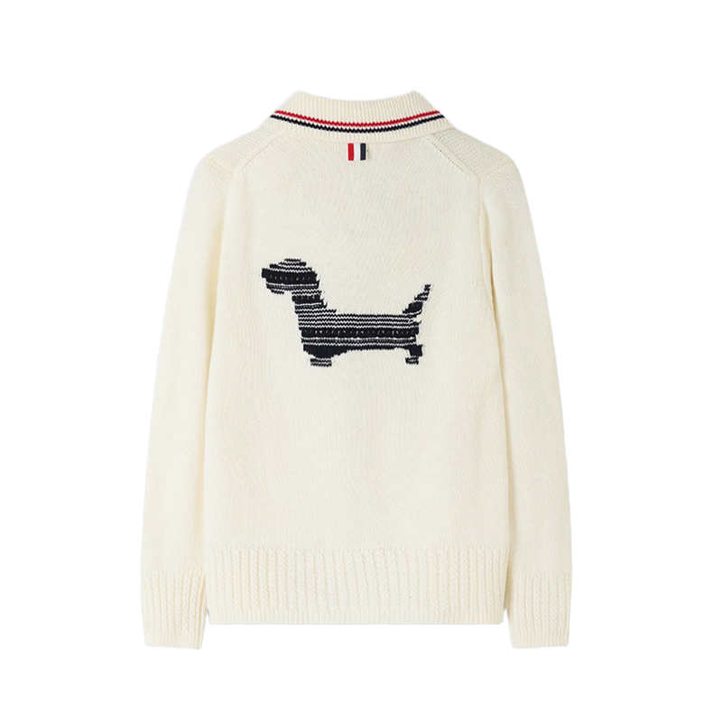 Thom Browne Style Dog Motif Polo-Collar Wool Cardigan