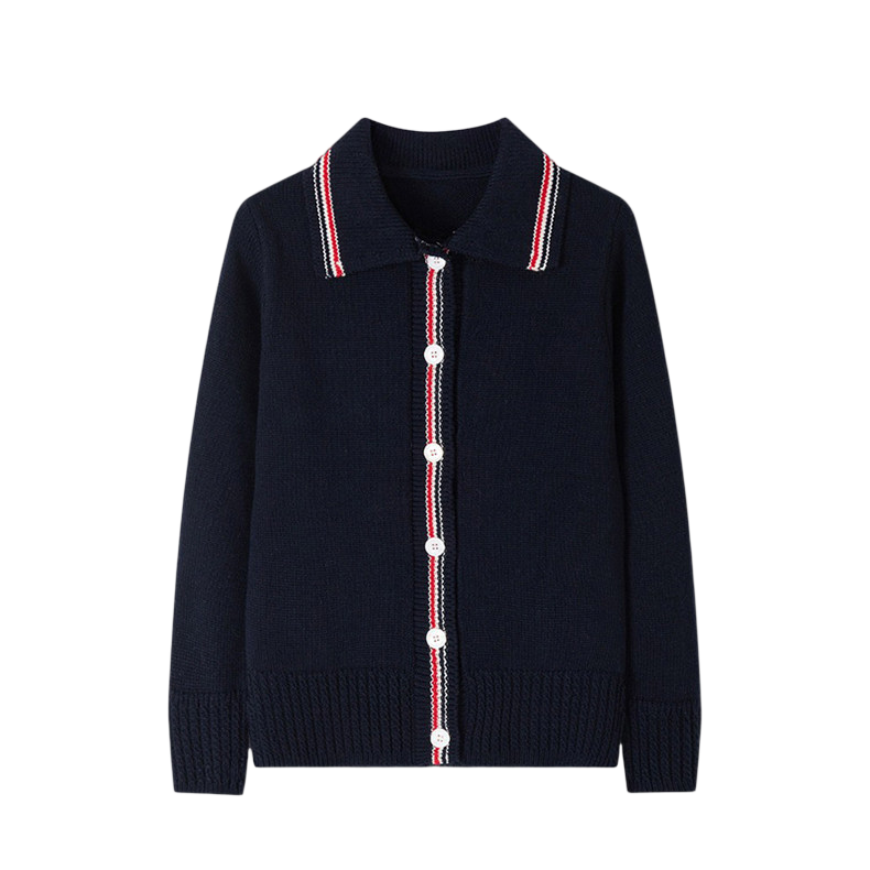 Thom Browne Style Dog Motif Polo-Collar Wool Cardigan