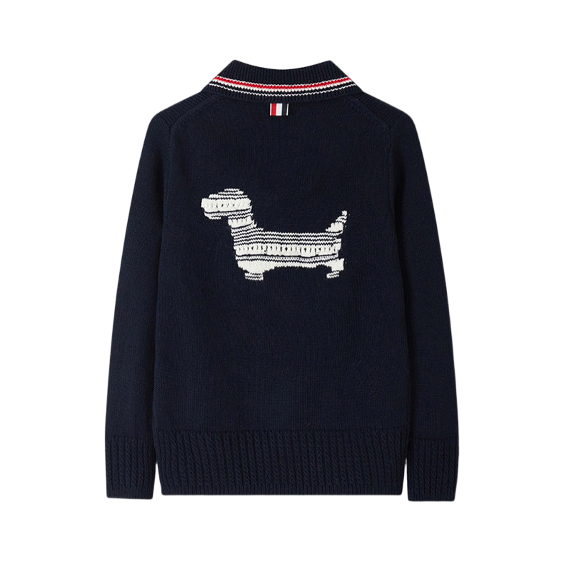 Thom Browne Style Dog Motif Polo-Collar Wool Cardigan