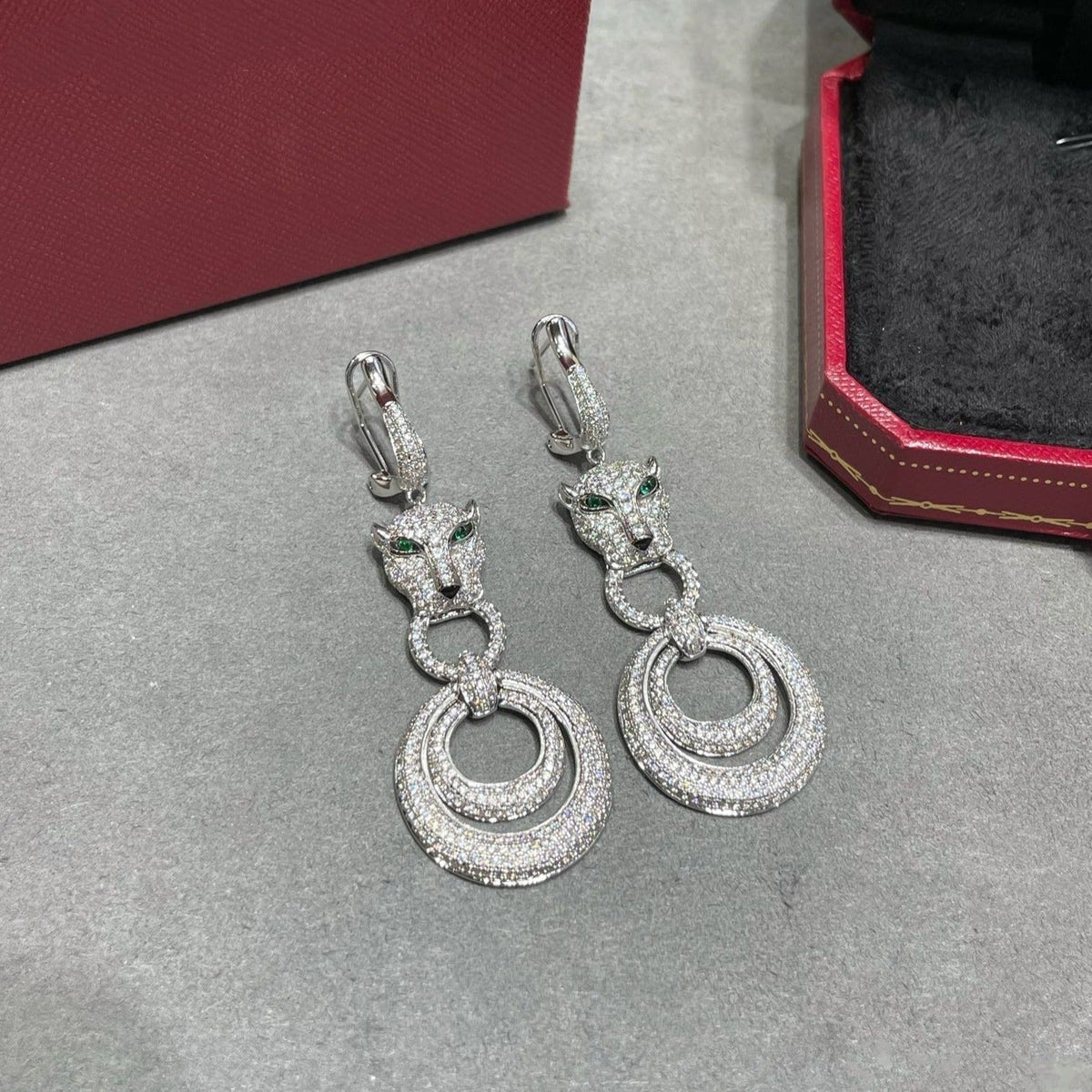 CARTIER PANTHERE DE CARTI SILVER DIAMOND DROP EARRINGS