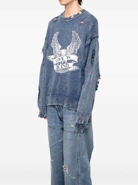 KAMIYA  eagle-print distressed-knit sweater