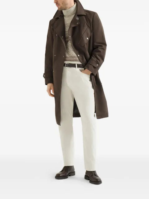Brunello Cucinelli water-resistant microfiber motorcyle trench with nappa leather inserts