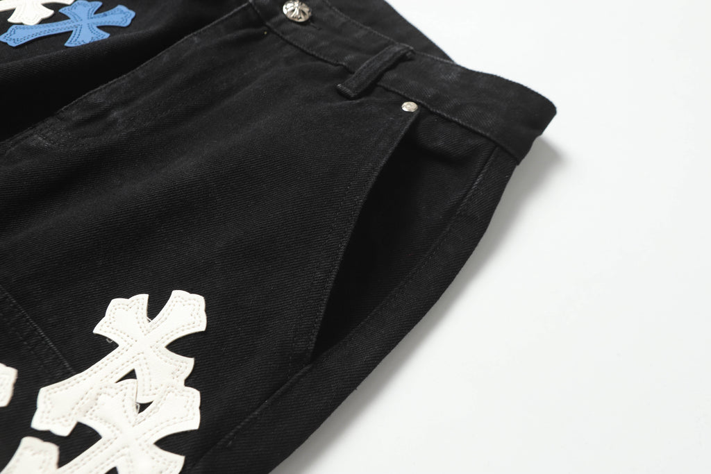Chrome Hearts White & Blue Leather Cross Patches Jeans
