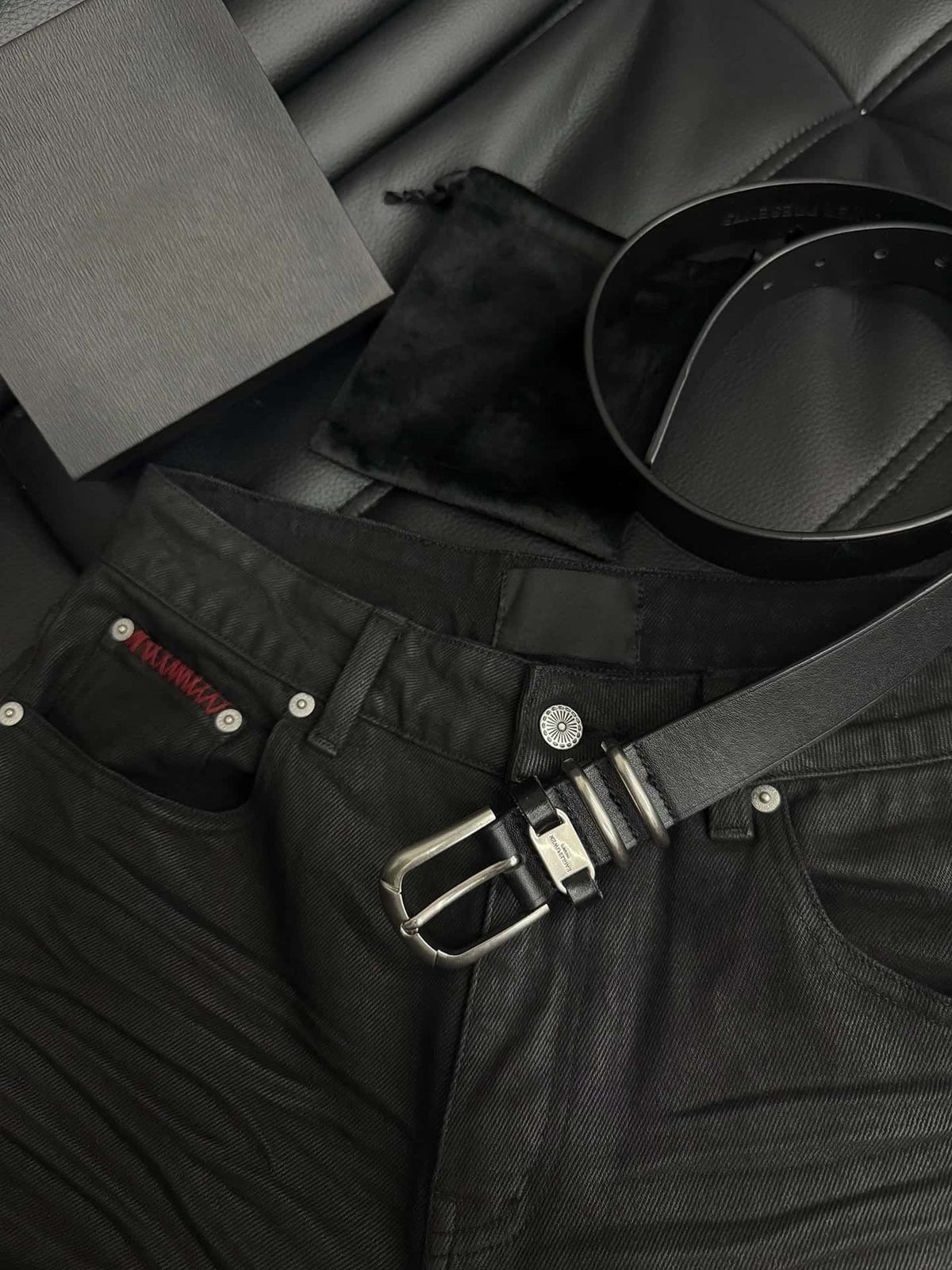 Dual Ring Tag Leather Belt Vegetable Tanned Black Waist Belt