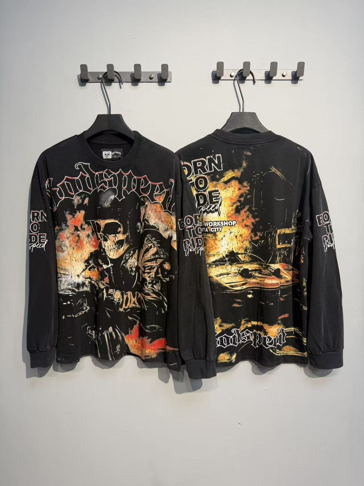 Godspeed Skull Flame Car Graphic Long-Sleeve T-Shirt