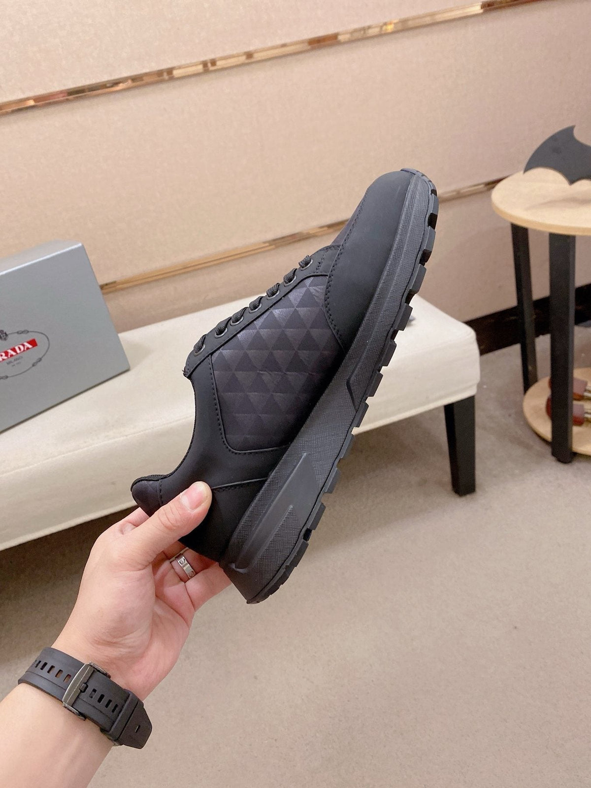 Prada Men's Black Red-Accent Low-Top Sneakers