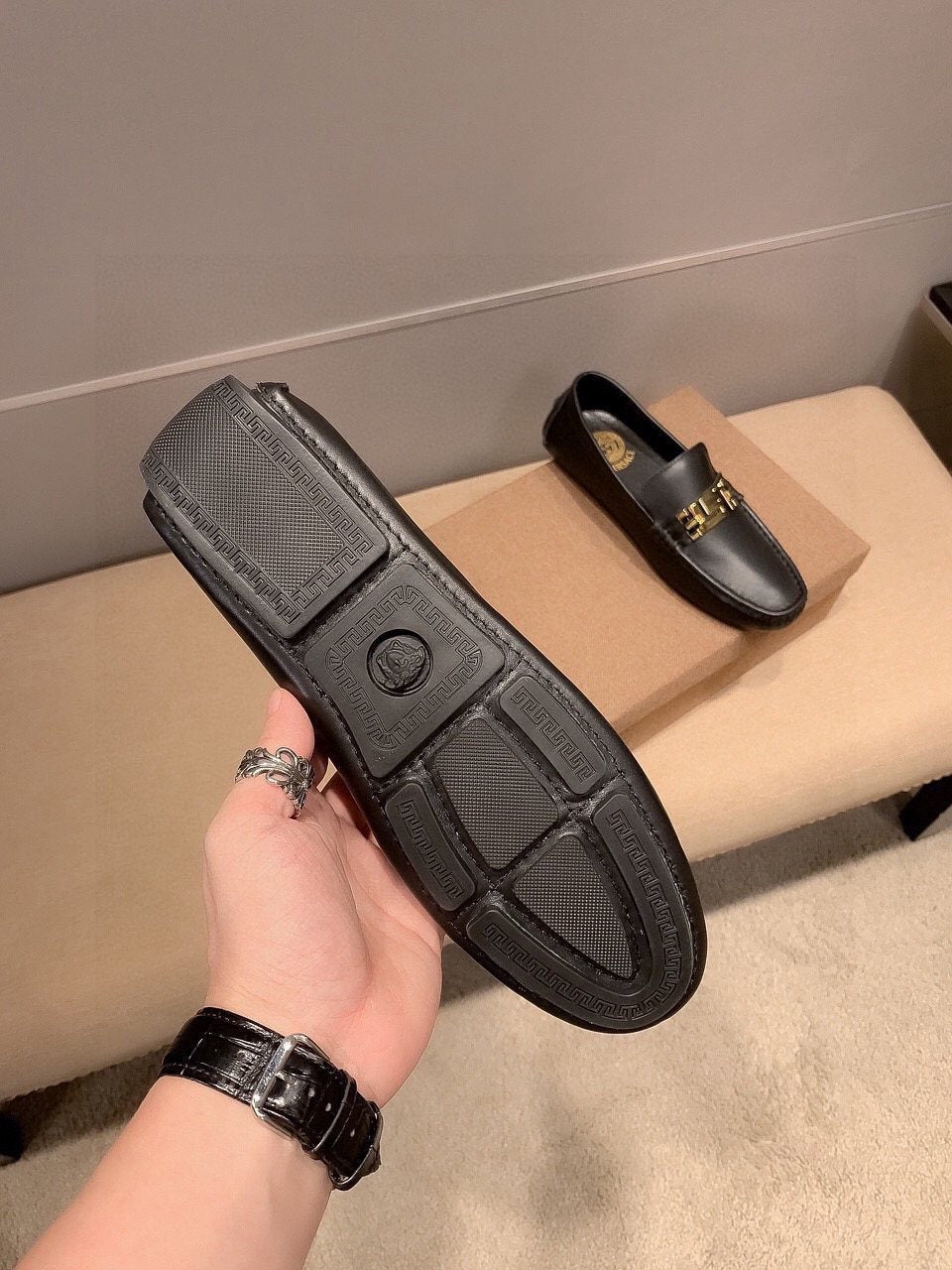 Versace Men's Black Gold-Tone Hardware Loafers - Low-Profile Rubber Sole
