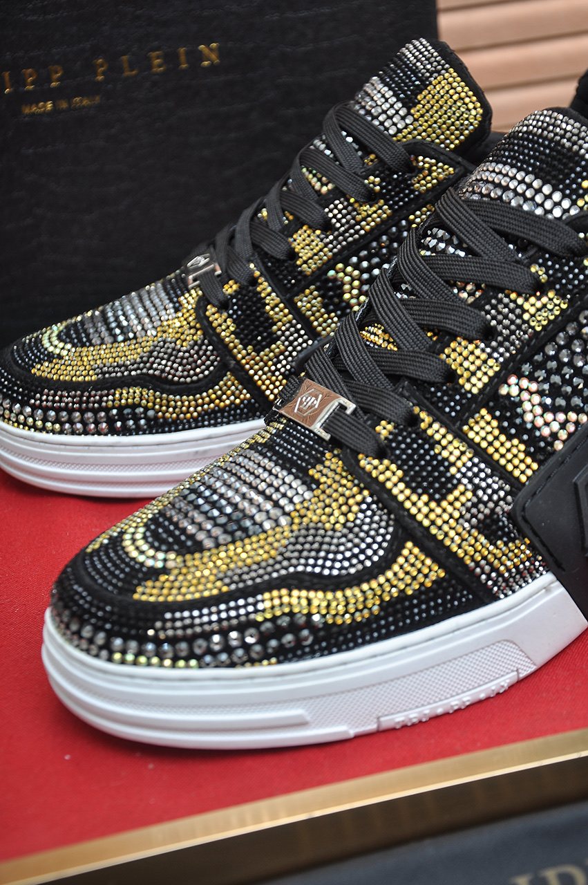 Philipp Plein Black & Gold Patterned Sneakers