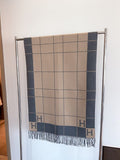 Hermès Light Beige and Black Grid Fringed Scarf