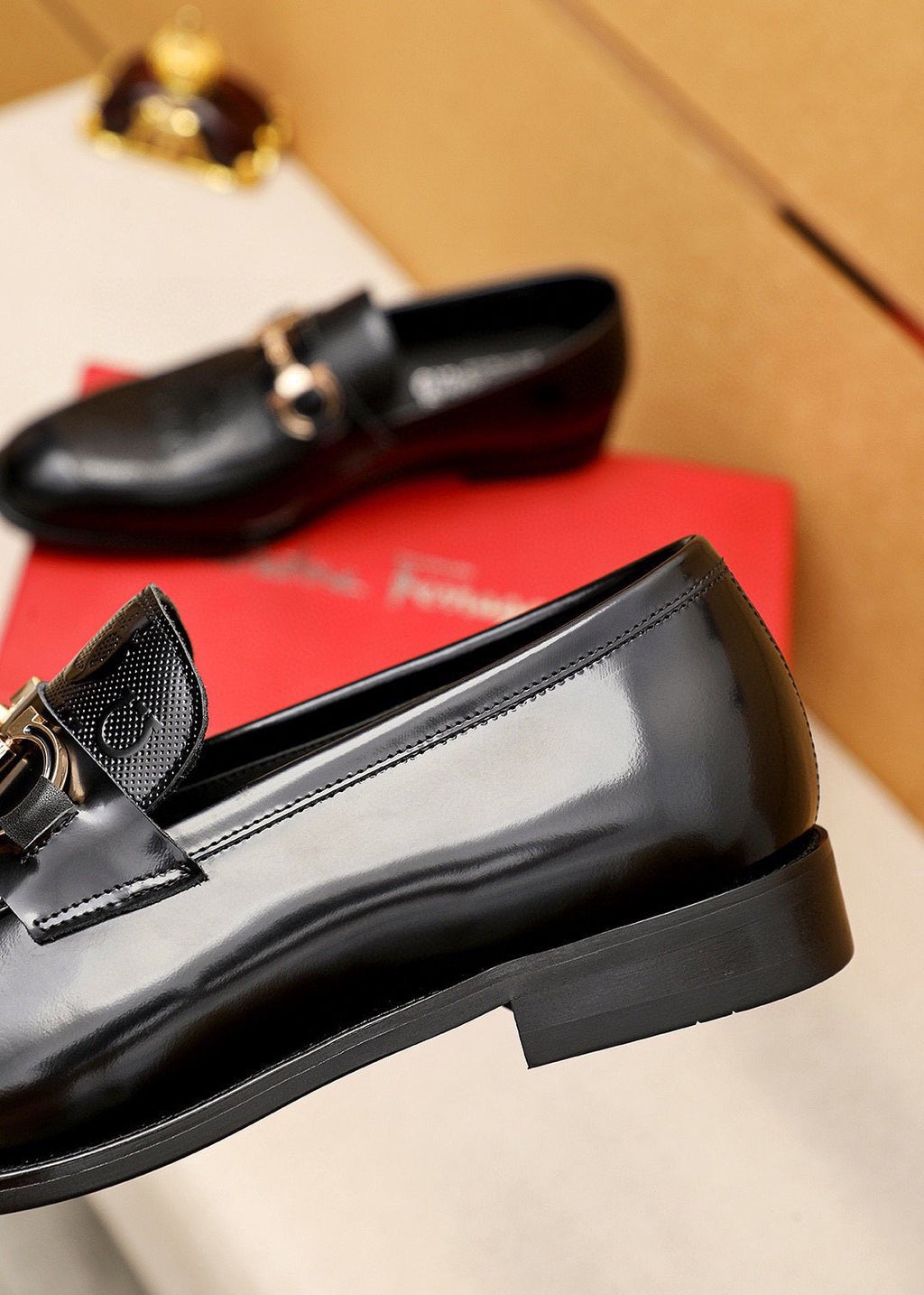 Ferragamo Black Buckle Loafers - Embossed Texture, Rubber Outsole