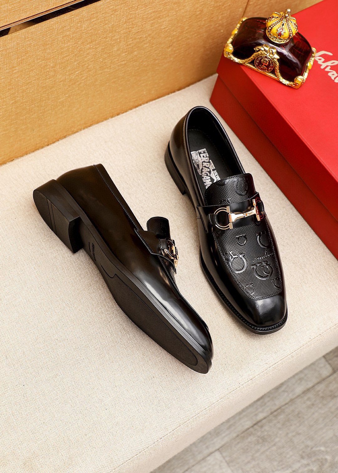 Ferragamo Black Buckle Loafers - Embossed Texture, Rubber Outsole