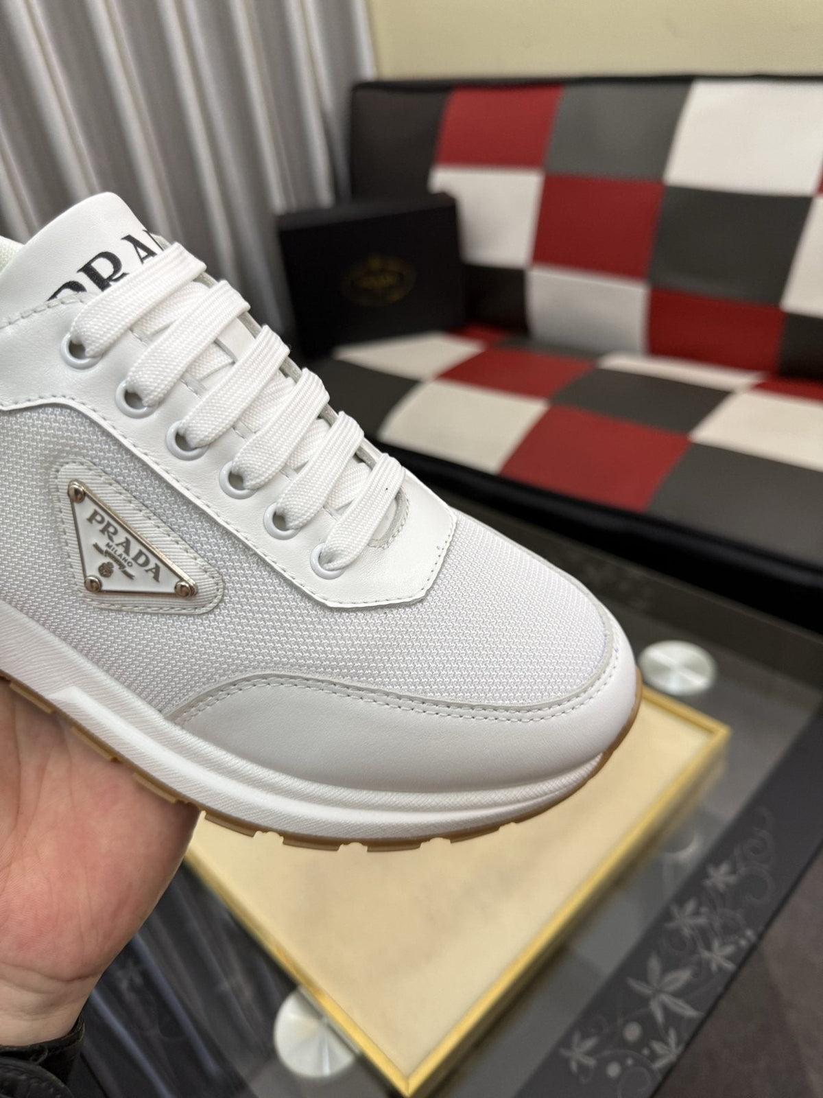 Prada Men's Triangle Plaque Low-Top Sneakers - Rubber Outsole