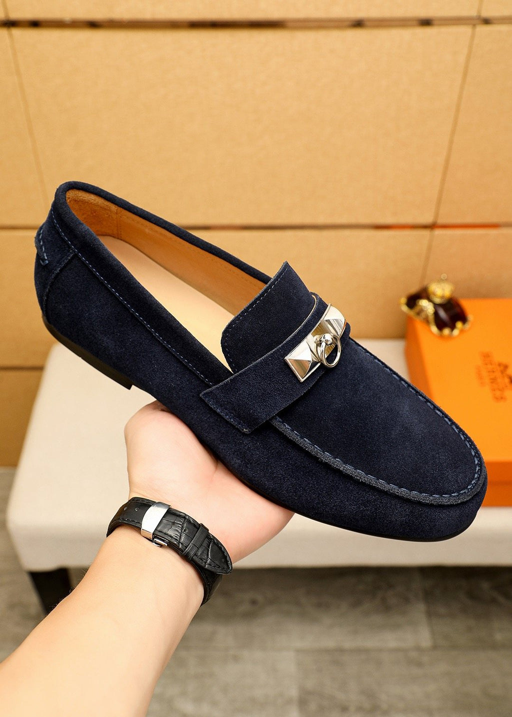 Hermès Suede-Finish Buckle Loafers