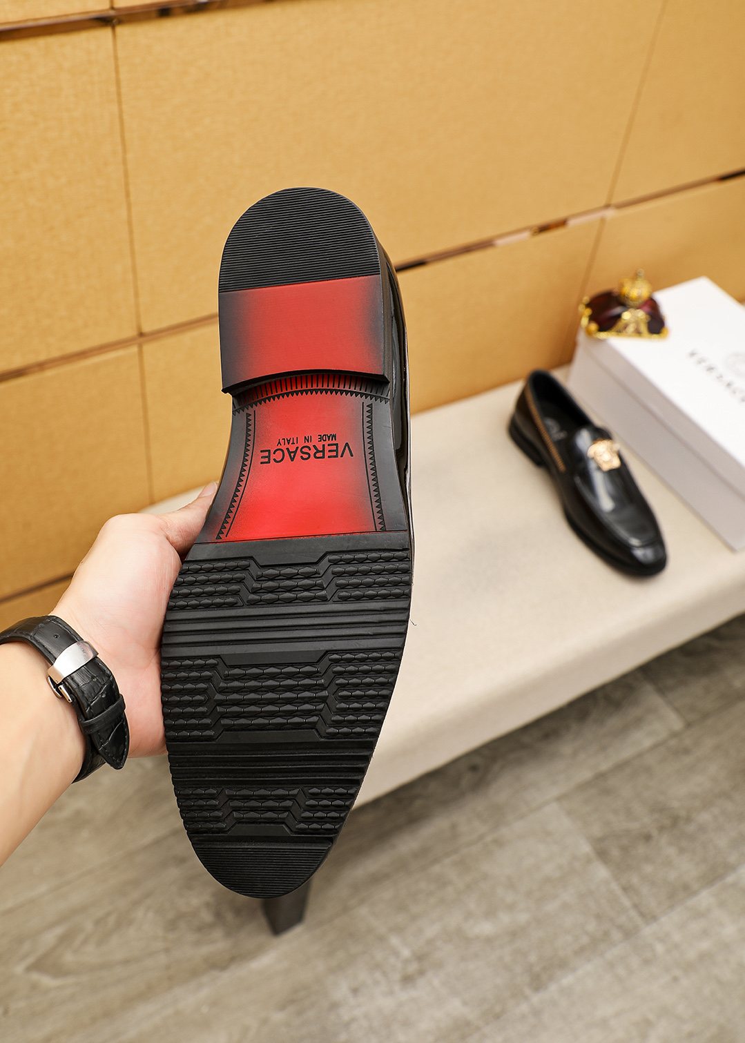 Versace Black Glossy Hardware Loafers