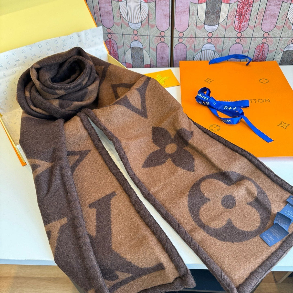 Louis Vuitton Brown and Tan Motif Scarf