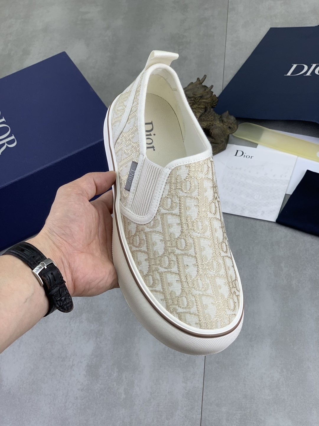Dior Cream Beige Patterned Slip-On Sneakers